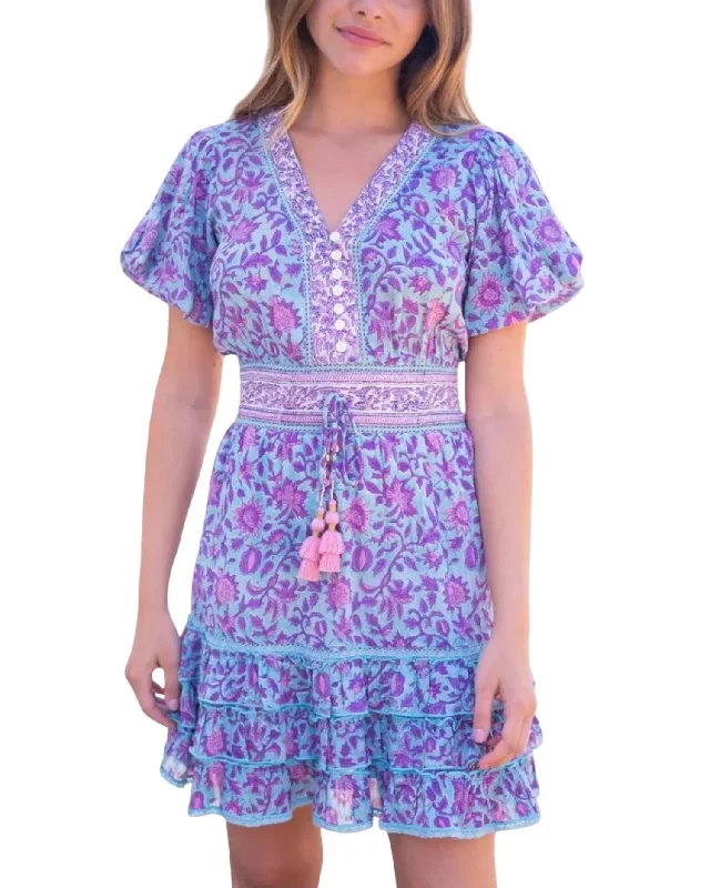 Bold Fashion Sales Annalise Mini Dress In Teal Purple Print Limited - Time Bundle