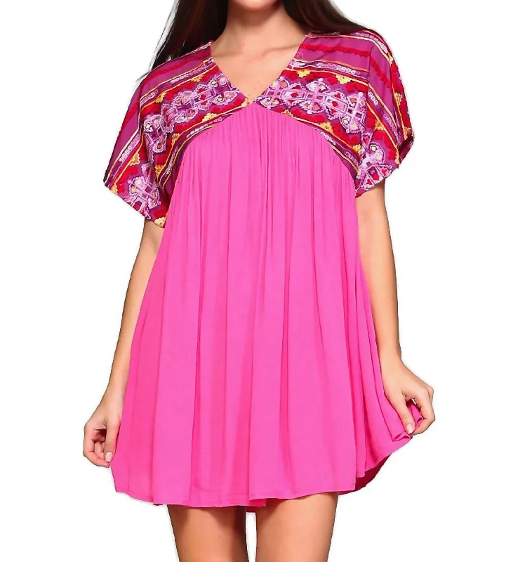 New In This Season Boho Baby Doll Mini Dress - Plus In Fuchsia Effortless Comfort