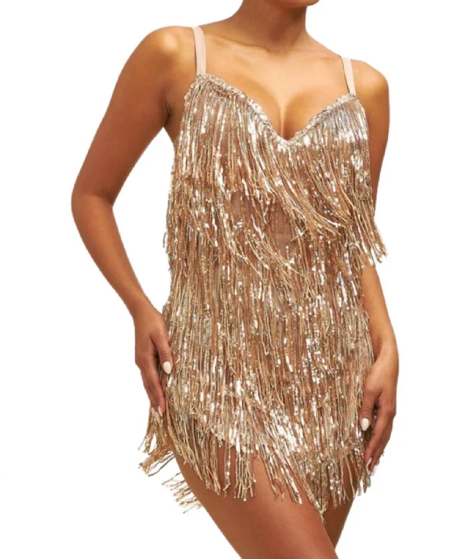 Unleash Your Fashion Sequin Fringe Mini Dress In Rose Gold Sophisticated Cut