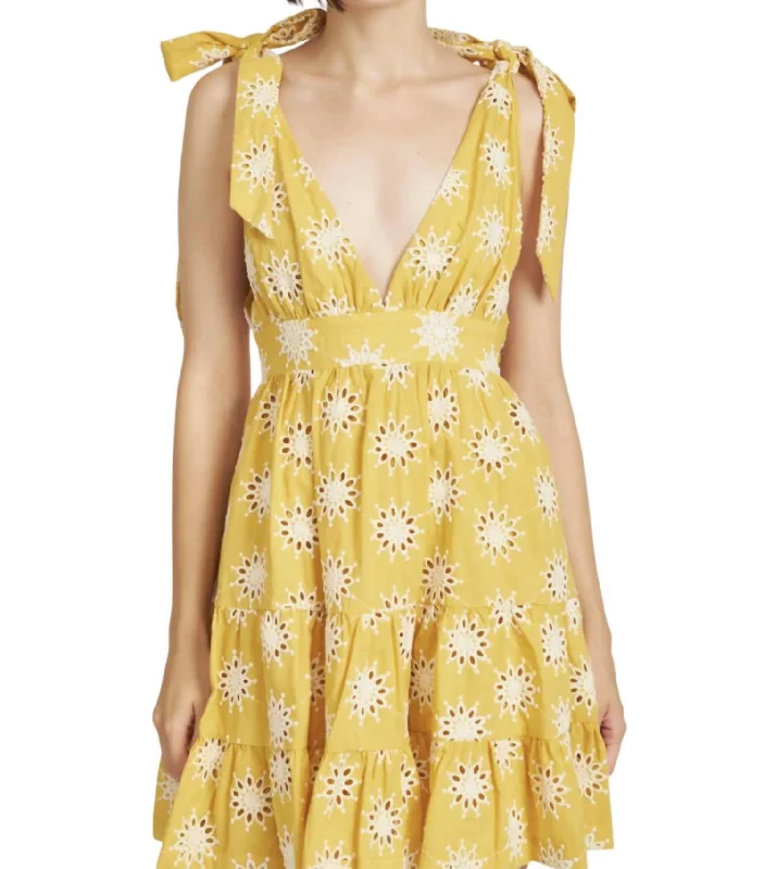 Style Breakthroughs Embroidered Tiered Mini Dress In Yellow Classic Appeal
