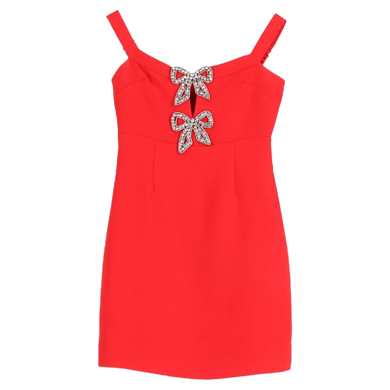 Affordable Luxury Women's Apparel Self-Portrait Mini Bow-embellished Off-Shoulder Dress in Red Polyester