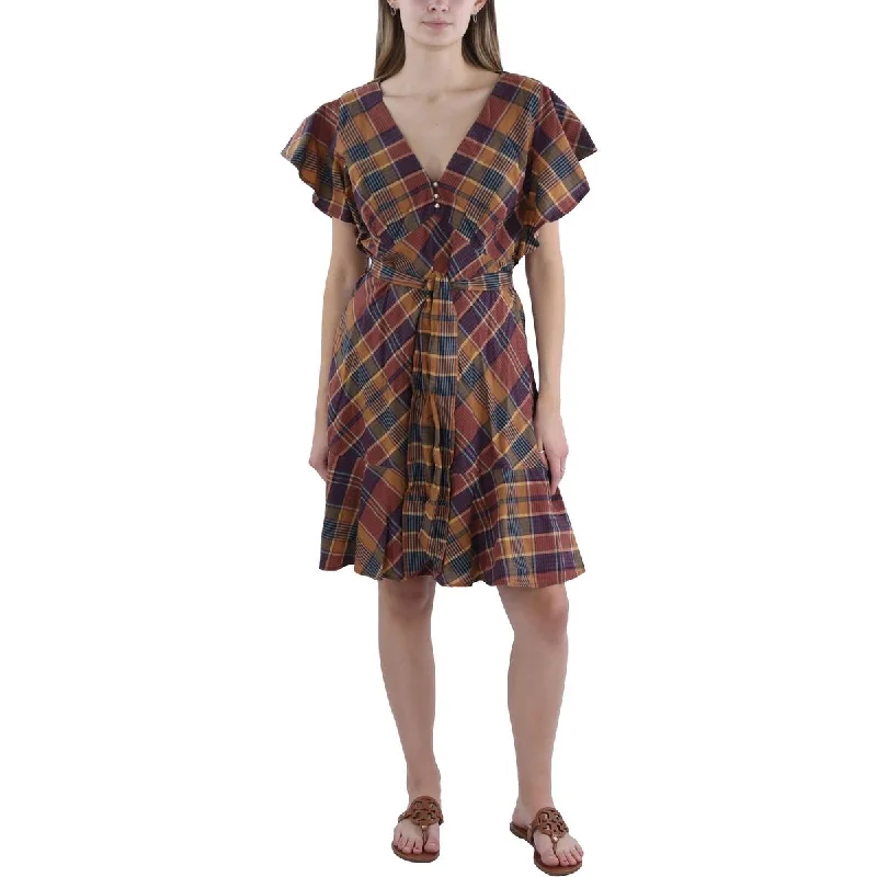 Bid Farewell To The Old Season Womens Plaid Flutter Sleeve Mini Dress Graceful Drape