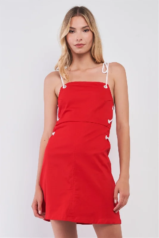 Catch Every Fashion Trend Lace-up Straps Sleeveless Square Neck Fitted Mini Dress Romantic Flair