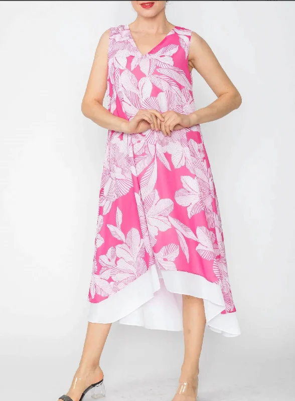 Exclusive Women's Fashion Collection High & Low Layered V-Neck Dress In Fuchsia
