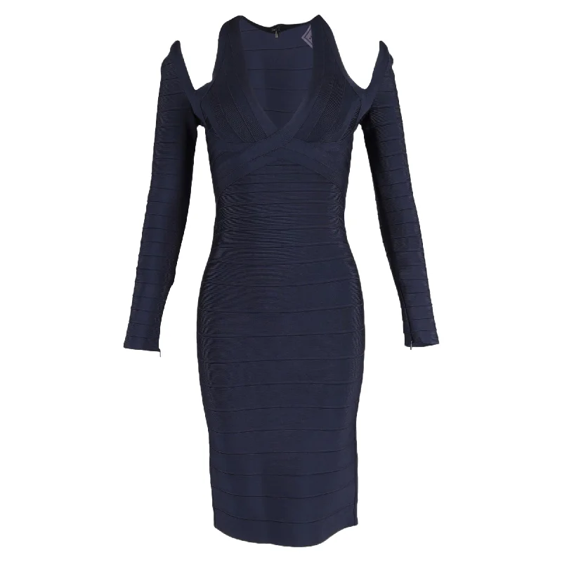 Flash Sales Today Herve Leger Nina Cold Shoulder Dress in Navy Blue Rayon