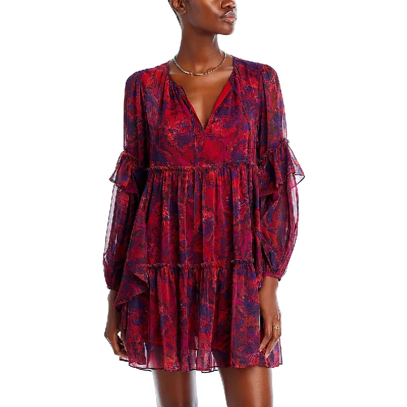 Feminine Luxe Style Sale Livie Womens Chiffon Ruffled Mini Dress Vibrant Prints