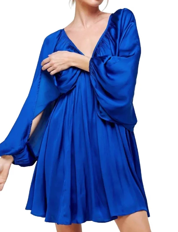 Sustainable Fashion Extravaganza Shirred Mini Dress In Royal Blue Feminine Soft - Hued Look