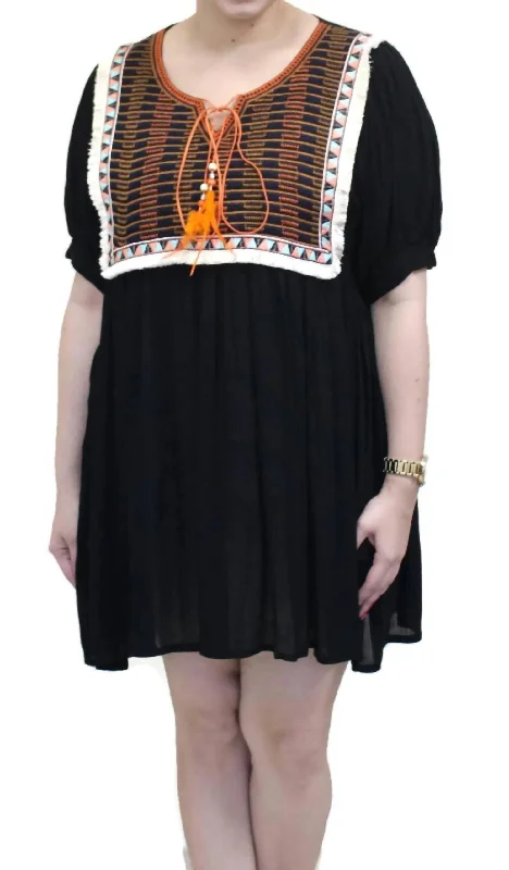 The Good Stuff Embroidered & Fringed Short Sleeve Mini Dress In Black Modern Romance