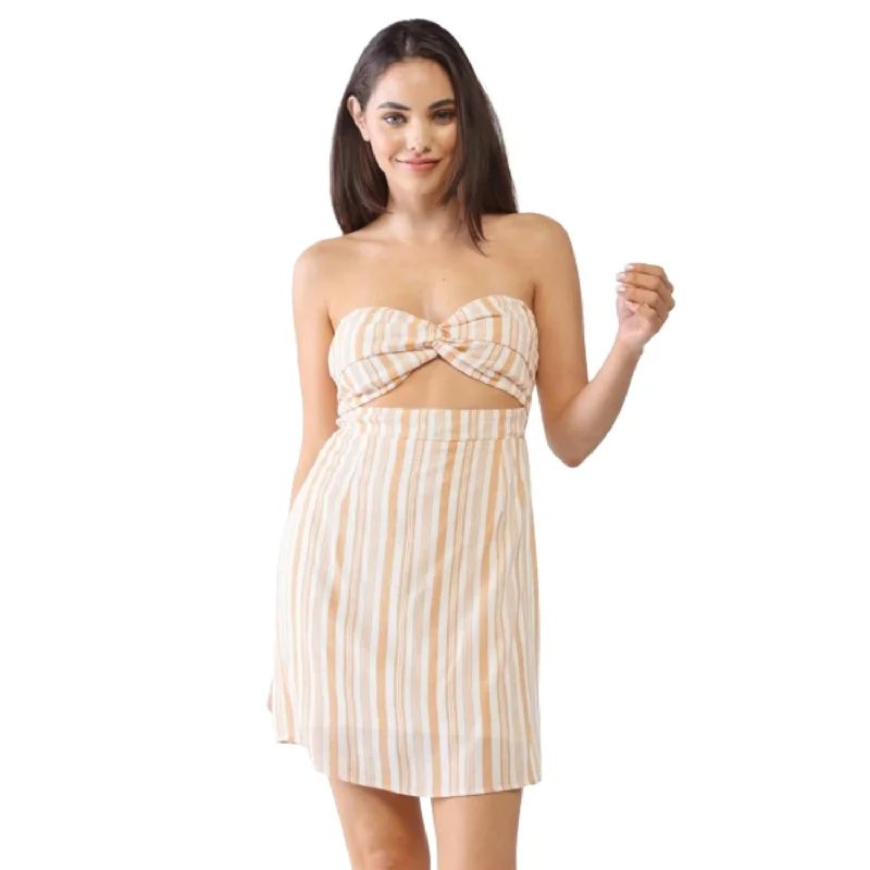 End-Of-Season Clearance White & Apricot Stripe Print Strapless Twist Cut-out Smocked Back Mini Dress Feminine Charm