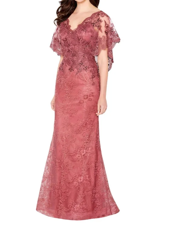 Women's Floral Print Outfit Cape Sleeve V-Neck Dress In Rouge