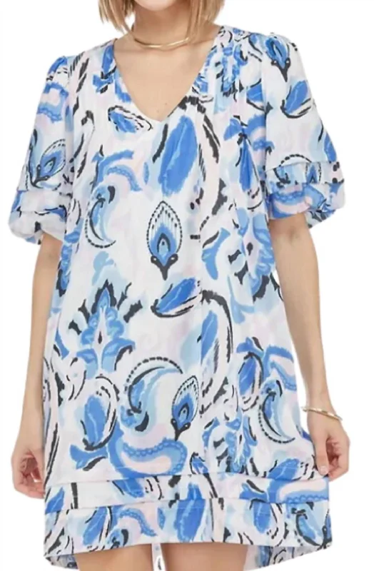 Final Sale Pleated Puff Sleeve Mini Dress In Summer Paisley Coastal Beach - Inspired Style