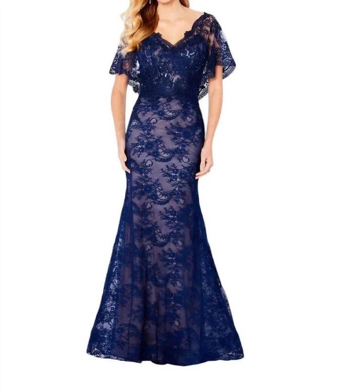 Sustainable Women's Clothes Cape Sleeve V-Neck Dress In Navy/nude