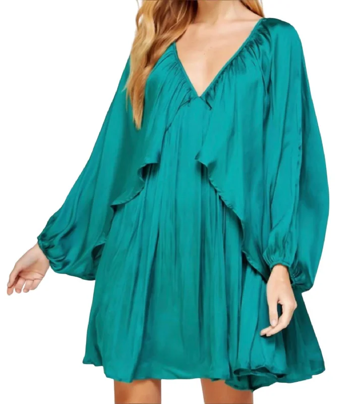 Chic Style, Always In Vogue Shirred Mini Dress In Verdigras Art Deco Geometric Pattern Look