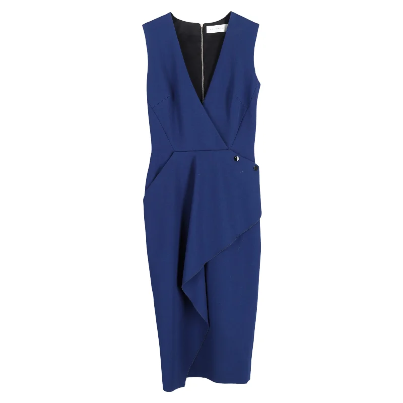 Chic Women's Clothing Victoria Beckham Deep V-Neck Asymmetric Ruffle Dress in Navy Blue Wool