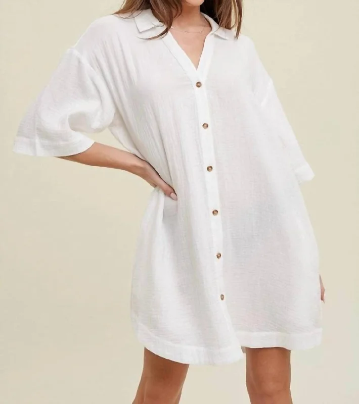 Polished Style Deals Easy Gauze Button Up Mini Dress In White Great Deals On Ethnic Cultural Wear