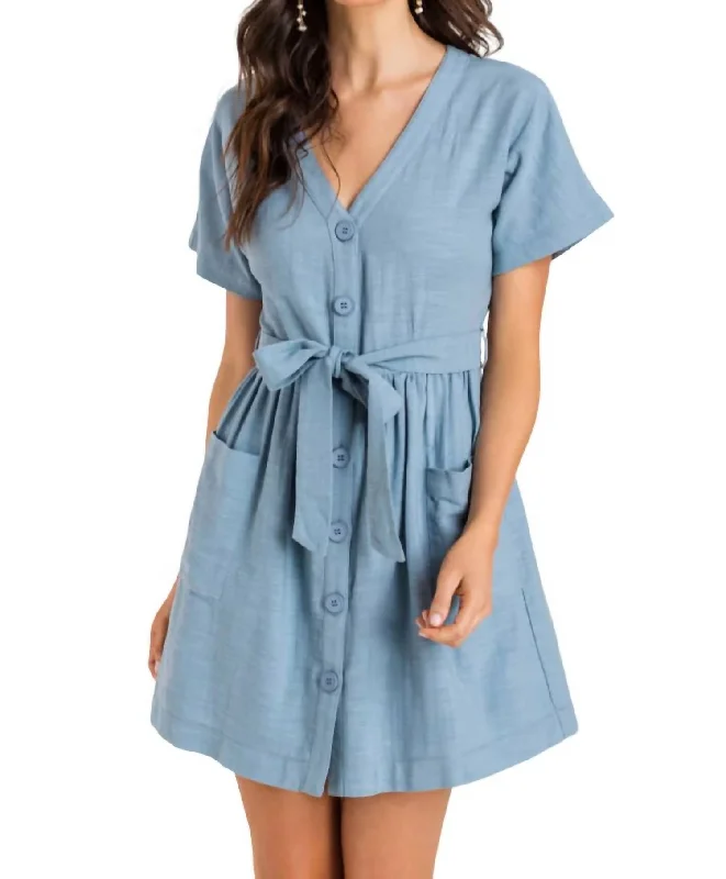 Flash Sale, Don'T Miss Button Tie Mini Dress In Blue Minimalist Chic