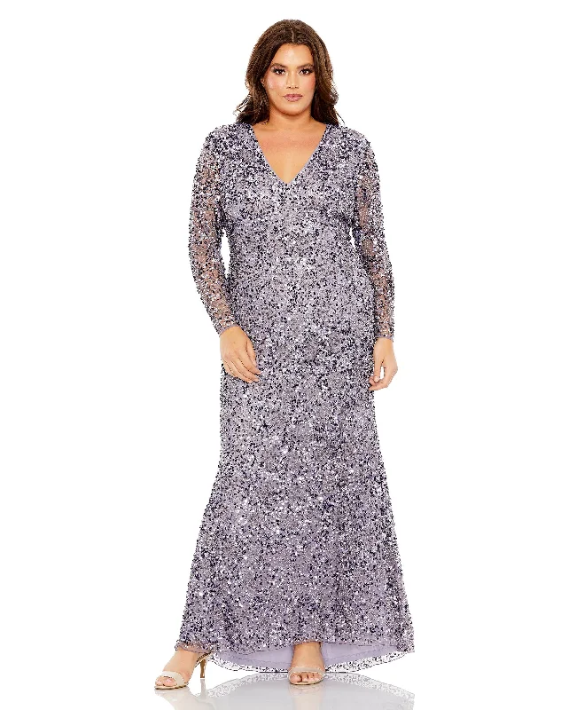 Limited Styles Mac Duggal 93865 Long Sleeve Sequin Plus Size Formal Dress Feminine Grace