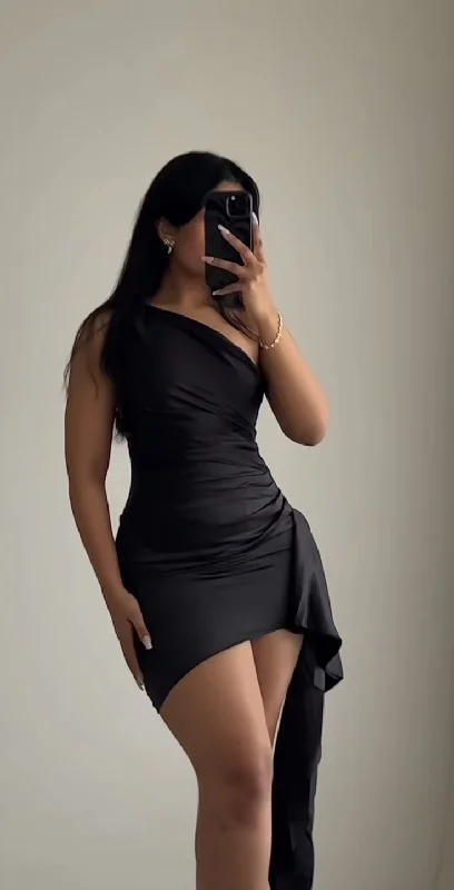 The Latest Trends Black One Shoulder Sheath Satin Short Party Dress, D122 Urban Sophistication