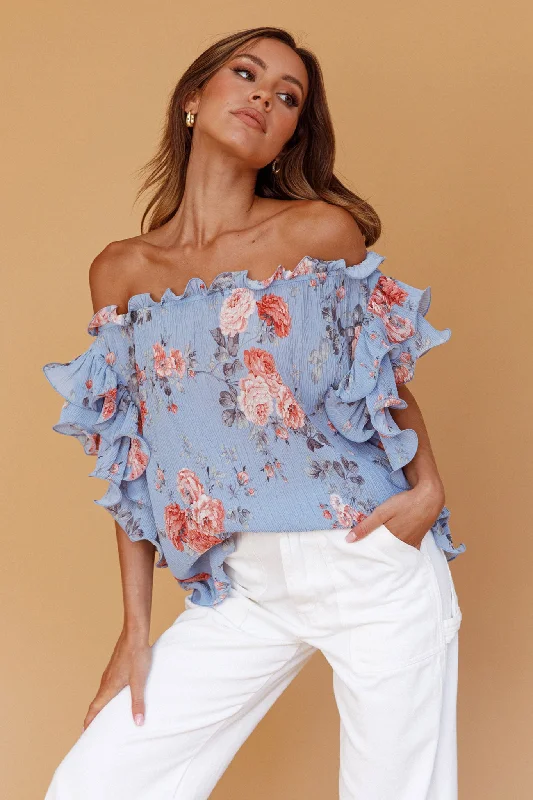 Limited Stock, Big Discounts Miranda Off-Shoulder Ruffle Sleeve Top Floral Print Blue Mid - Season Sale