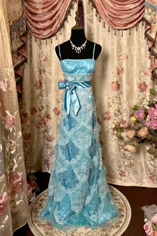 Mega Sales Blue Spaghetti Straps Lace Satin Vintage Long Party Dress Evening Gown, D405 Feminine Soft - Hued Look