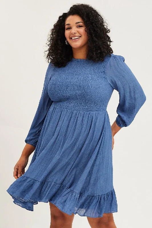 Catch Every Fashion Trend Blue Skater Dress Round Neck Long Sleeve Shirred End - Of - Month Blowout