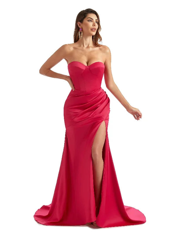 Exclusive Discount Sexy Side Split Sweetheart Mermaid Satin Trendy Long Wedding Guest Dresses Vintage Charm