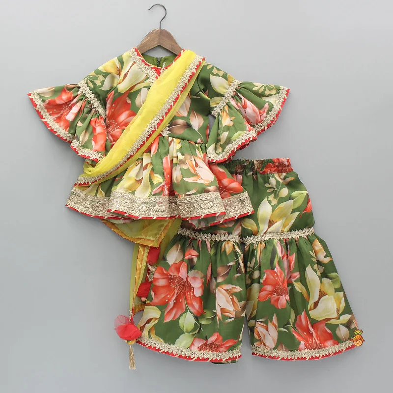 Evening Elegance Green Floral Printed Kurti With Attached Dupatta And Sharara Alluring Design