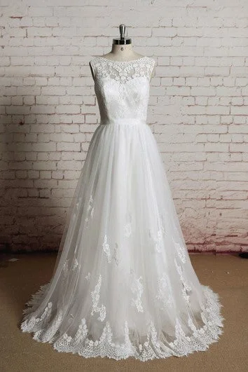 Timeless Elegance Redefined Lace and Tulle Sleeveless A-Line Dress With Illusion Back Save On Classic Elegant Styles