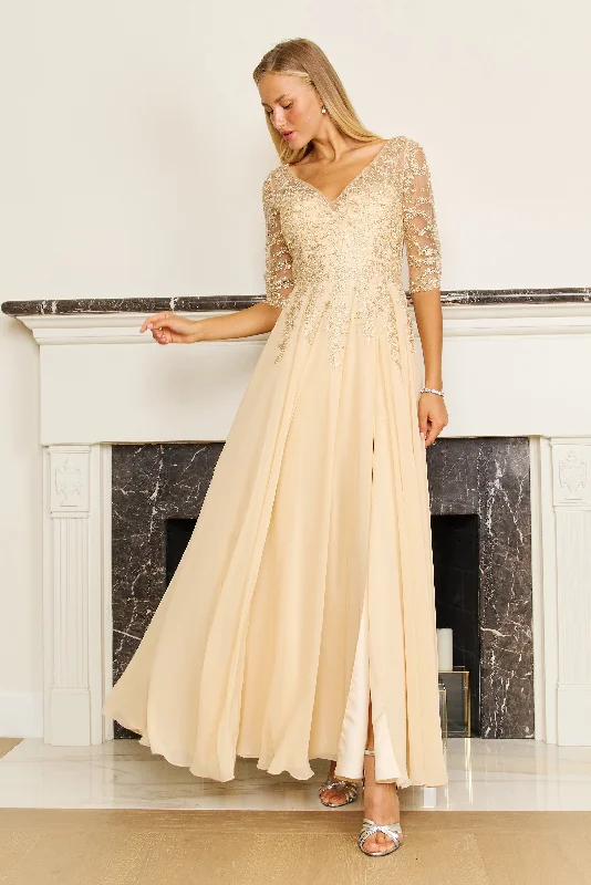 Fashion Sale Long Sleeve Chiffon Formal Evening Dress Gold Effortless Style