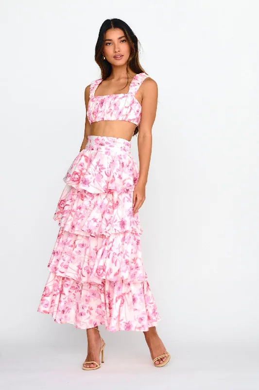 Style Upgrade Suenito Tiered Frill Maxi Skirt Floral Pink Discounts On Casual Weekend Styles