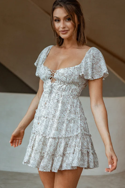 Fashion-Forward Josephina Lace-Up Front Flutter Sleeve Dress Floral Print Beige Casual Weekend Relaxed Style