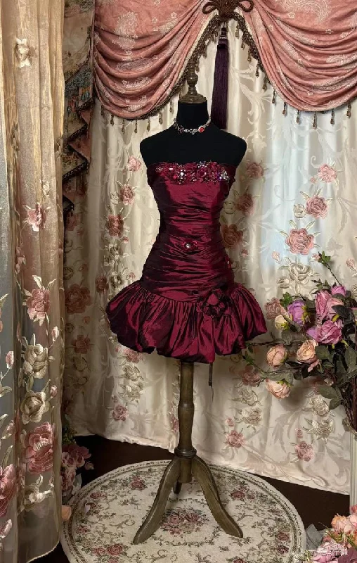 Style Without Limits Wine Red Strapless Sheath Satin Vintage Cocktail Dress Mini Party Dress, D08 Contemporary Elegance