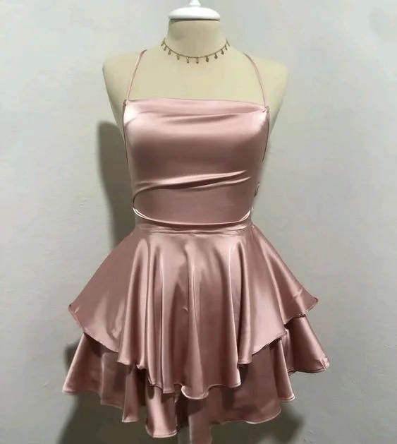 Trendy Fashion Sale Pink Straps A-Line Satin Simple Homecoming Dress Mini Birthday Outfits, D159 Sophisticated Cut