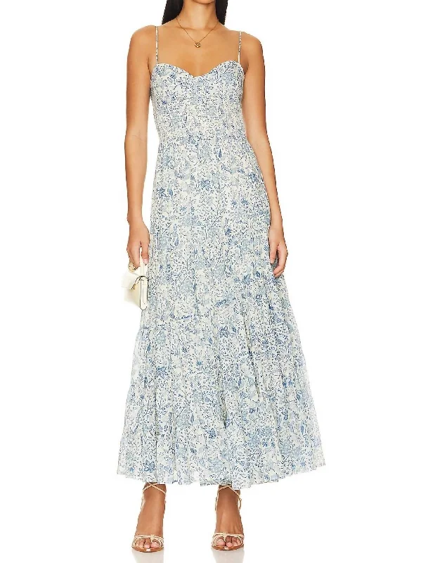 Chic Trend Collection Sundrenched Printed Maxi Dress In Blue Combo Art Deco Geometric Pattern Look