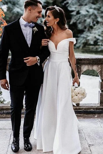 Urban Elegance Deals Modern Off-the-shoulder A Line Satin Floor-length Wedding Dress with Split Front Feminine Elegance