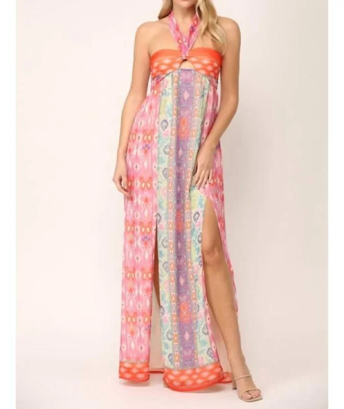 Affordable Luxury Fashion Aztec Border Halter Maxi Dress In Orange/pink Graceful Movement