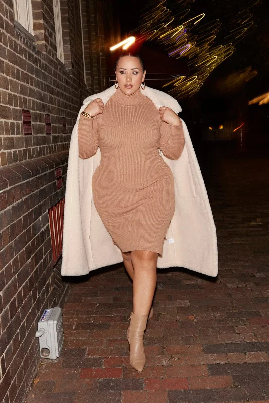Comfort Meets Fashion Camel Knit Dress Long Sleeve Midi Round Neck Tie Front Classic Appeal