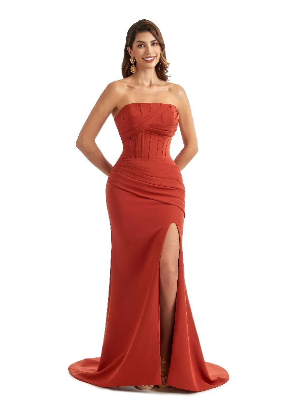 Trendy Street Style Sexy Side Split Mermaid Sweetheart Stretch Crepe Long Modern Wedding Guest Dresses Playful Elegance