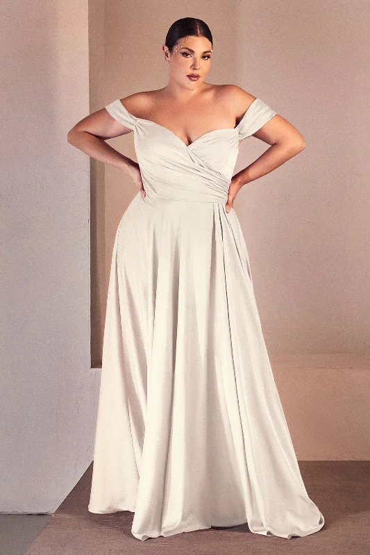 Fashion Forward White Curve Off Shoulder A-line Satin Gown by Ladivine 7493WC Soft Textures