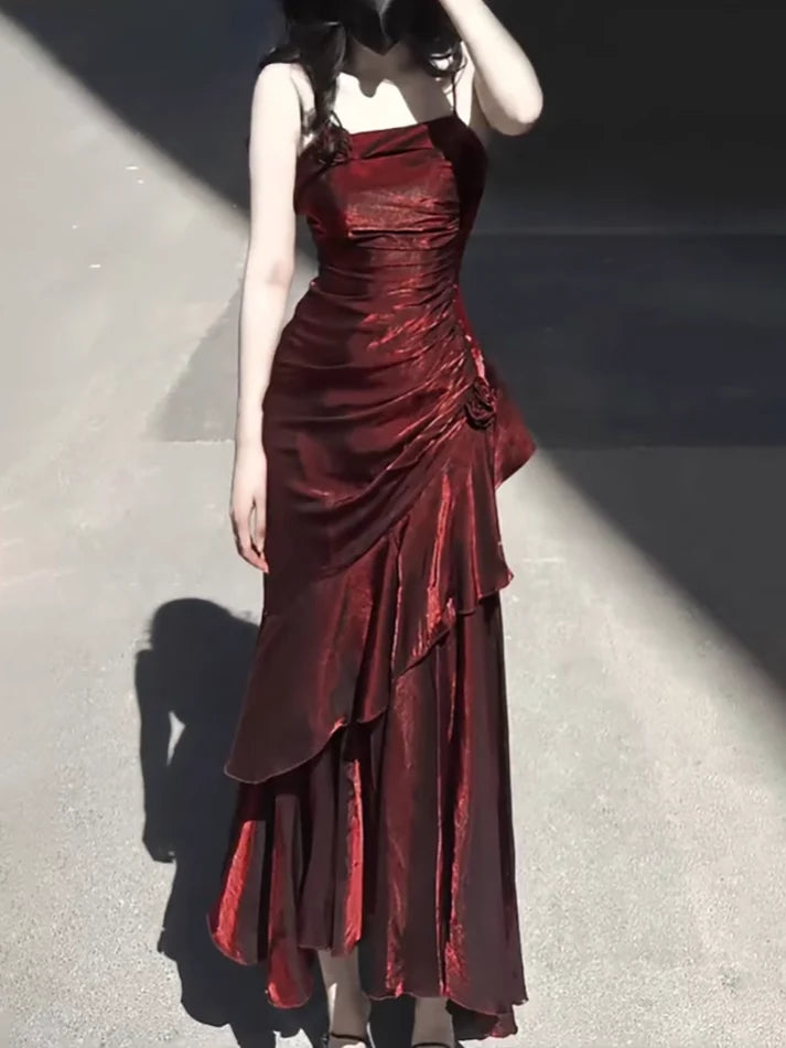Limited Stock, Big Discounts Burgundy Straps Sheath Satin Long Party Dress Birthday Outfit, D214 Modern Glamour