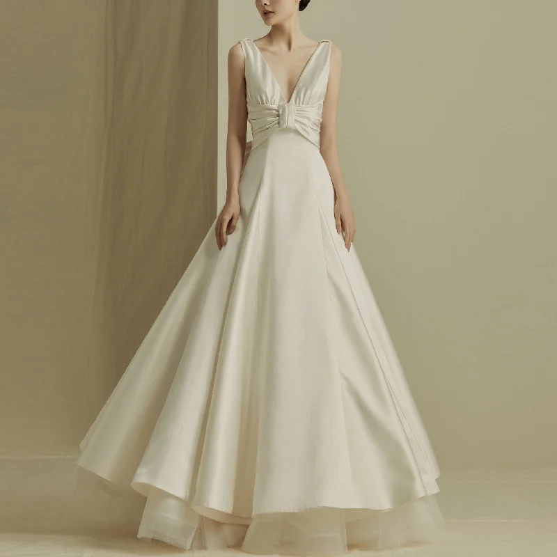 Comfort Meets Fashion Floor Length Wedding Dress with Double V-Neck Bowknot Back Holiday Sale