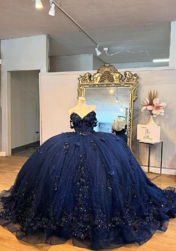 Affordable Luxury Fashion Beautiful Navy Blue Tulle Appliques Prom Dress Shiny Birthday Ball Gown Y7837 Luxe Layering