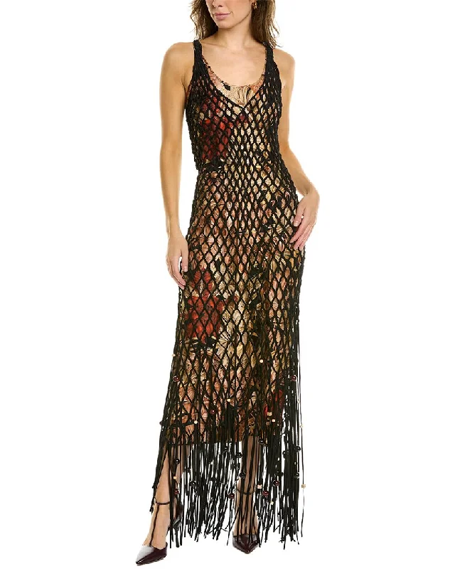 Limited Time Ferragamo Suede & Silk Fishnet Maxi Dress Feminine Grace