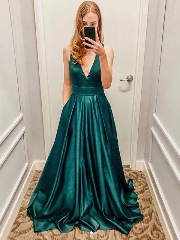 Day-To-Night Styles Deep V Neck Open Back Green Satin Long Prom Dresses, Long V Neck Green Formal Graduation Evening Dresses Classic Charm