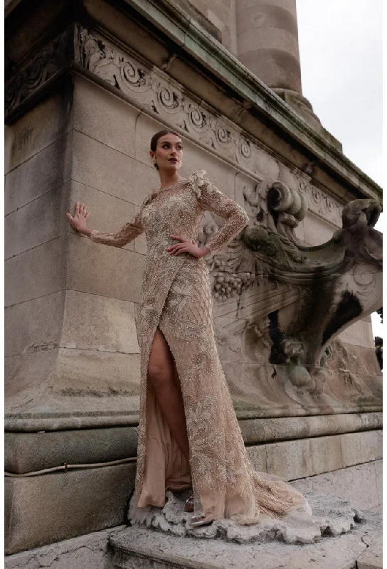 End-Of-Season Clearance Terani Couture 242GL3219 Long Sleeve Beaded Formal Prom Dress Elegant Ensemble