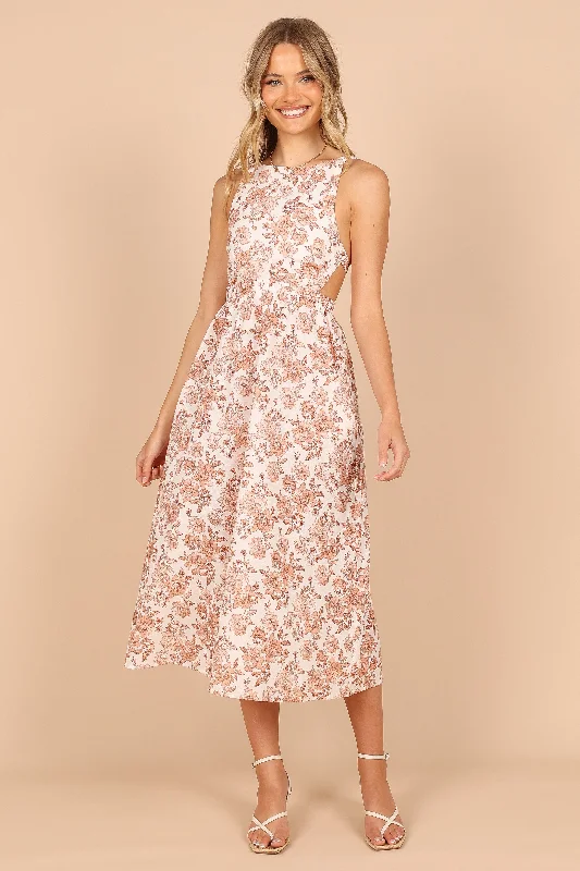 Day-To-Night Styles Aubrey Cutout Midi Dress - Tan Floral Graceful Drape