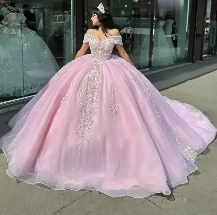 Dive Into Trendy Styles Pink Quinceanera Dress Off Shoulder Appliques Beaded Ball Gown Sweet 16 Princess Quinceanera Dress Y7464 Classic Appeal