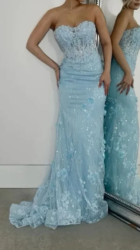Fashion Essentials Sparkly Blue Mermaid Tulle Appliques Evening Gown Formal Prom Dress Y7871 Contemporary Chic