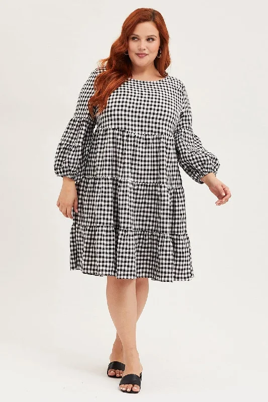 Chic & Cozy Collection Check Skater Dress Round Neck Long Sleeve Tie Holiday Sale