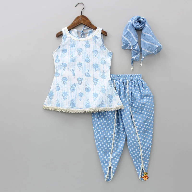 Glamorous Fashion Offers Floral Printed Round Neck Top And Blue Dhoti With Leheriya Dupatta Cottagecore Rustic Charm Style